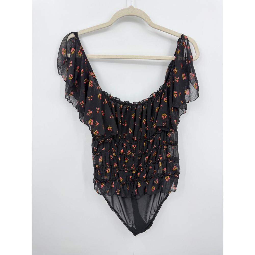 Free People Intimately‎ Garden Party Bodysuit Women L Black Floral Ruffle Mesh